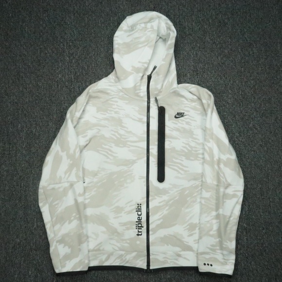 Nike Hoodie Men Large White Gray Camo Sportswear Tech Fleece Full Zip Pockets